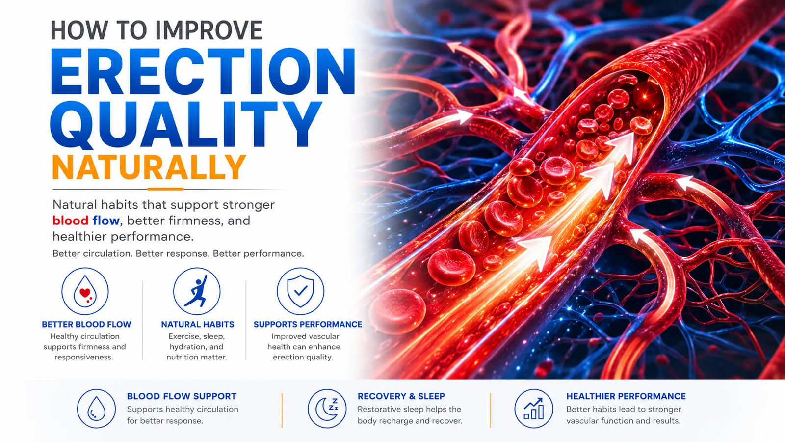 Infographic for improving erection quality naturally with blood flow, circulation, healthy habits, recovery, and performance support