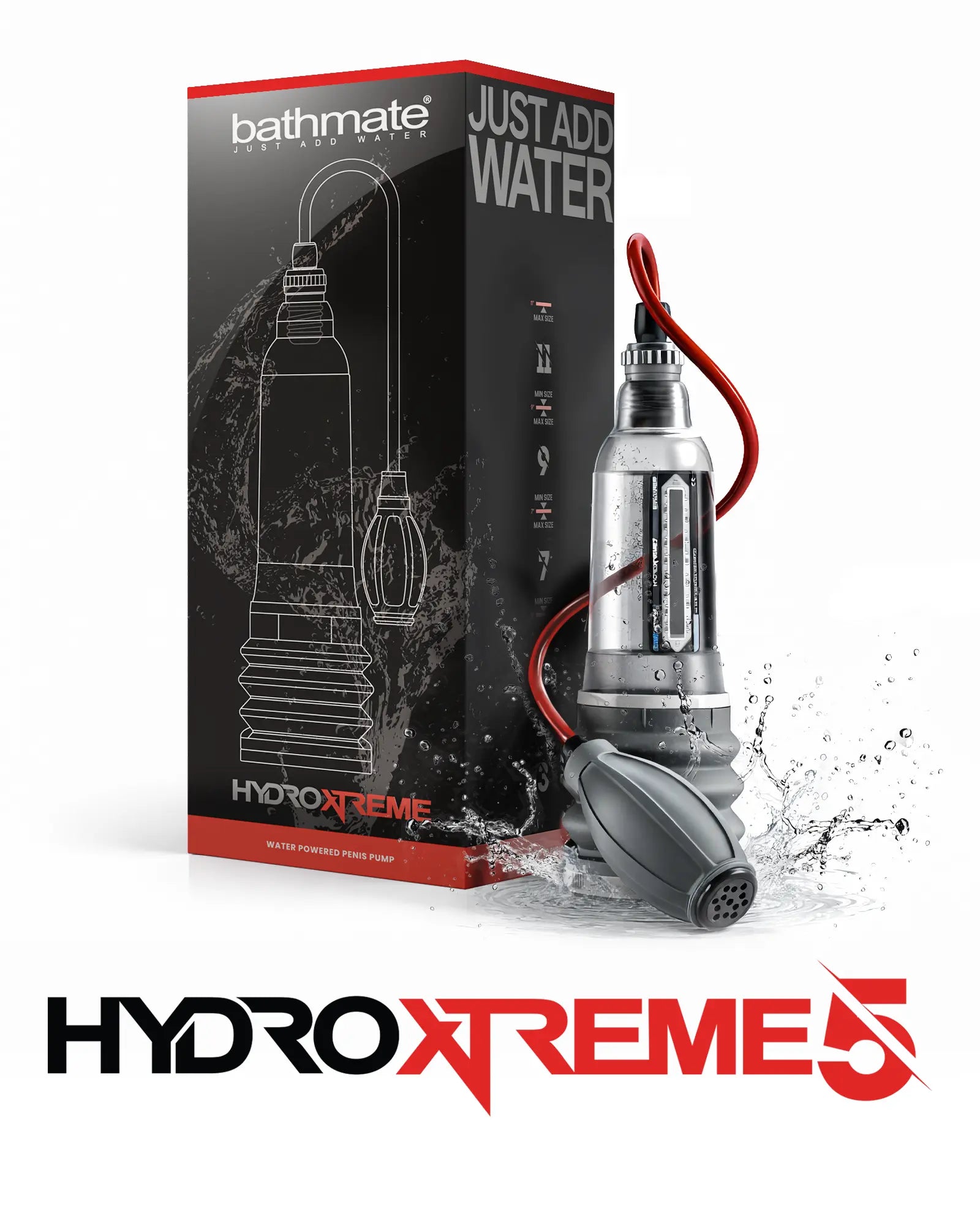Bathmate HydroXtreme5 water based penis pump with retail packaging and splash effect.