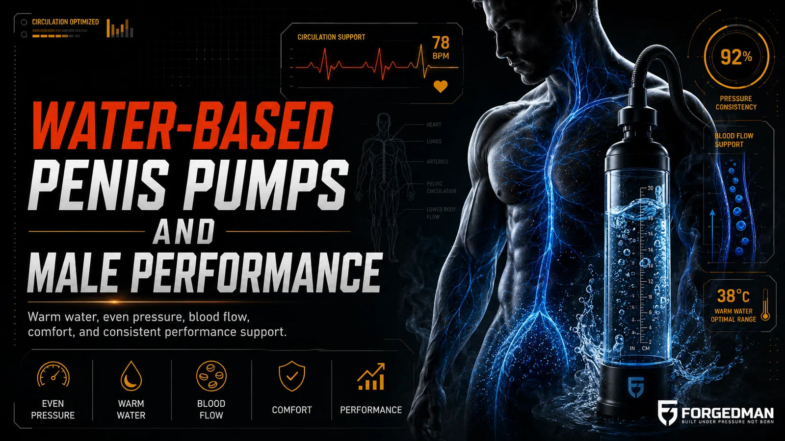 How blood flow affects male performance, showing a futuristic male anatomy graphic with circulation, heart rate, stamina, and performance visuals