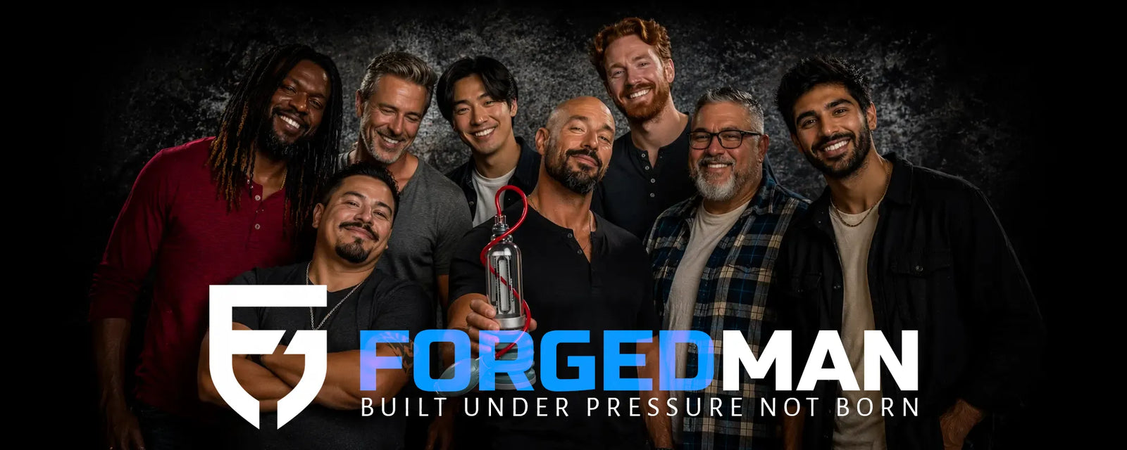 A group of seven men standing together against a dark textured background, holding a transparent bottle with a red cap. The foreground features a large white and blue logo reading 'FORGEDMAN' with the tagline 'BUILT UNDER PRESSURE NOT BORN'.